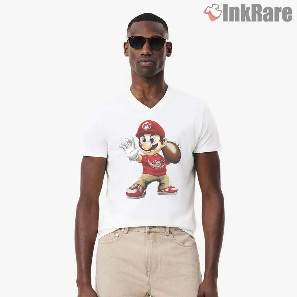 Mario San Francisco Football Gold Red Action Shirt on white v-neck shirt for men graphic tee