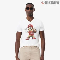 Mario San Francisco Football Gold Red Action Shirt on white v-neck shirt for men graphic tee