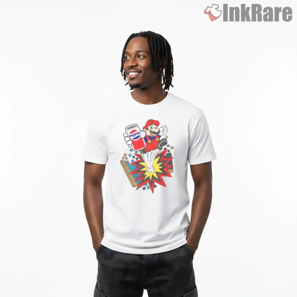 Mario Soda Explosion Retro Pop Art Action Shirt on white short sleeve shirt for men graphic tee