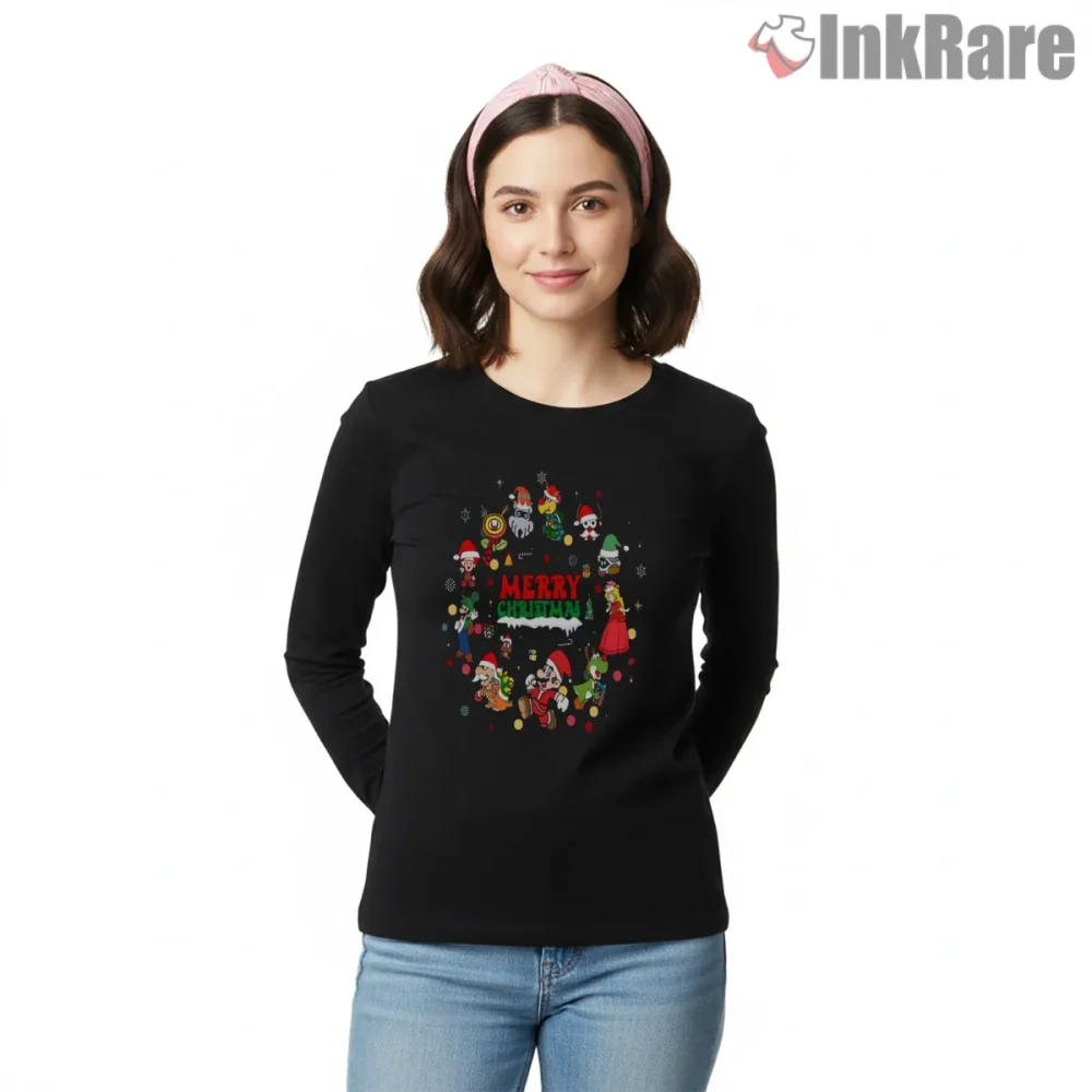 Mario Very Merry Christmas Festive Cartoon Shirt on black long sleeve shirt for women graphic tee