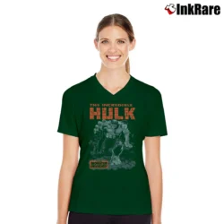 Women’s Marvel Comics The Incredible Hulk Breakthrough Monster Unleashed V-Neck Tee in forest green | Chic Neckline, Soft Texture