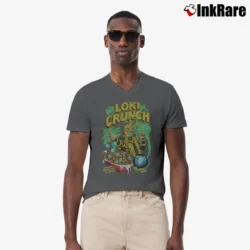 Men’s Marvel Loki Charms Cereal Avengers Comic V-Neck Tee in charcoal | Sharp, Breathable, Everyday Staple