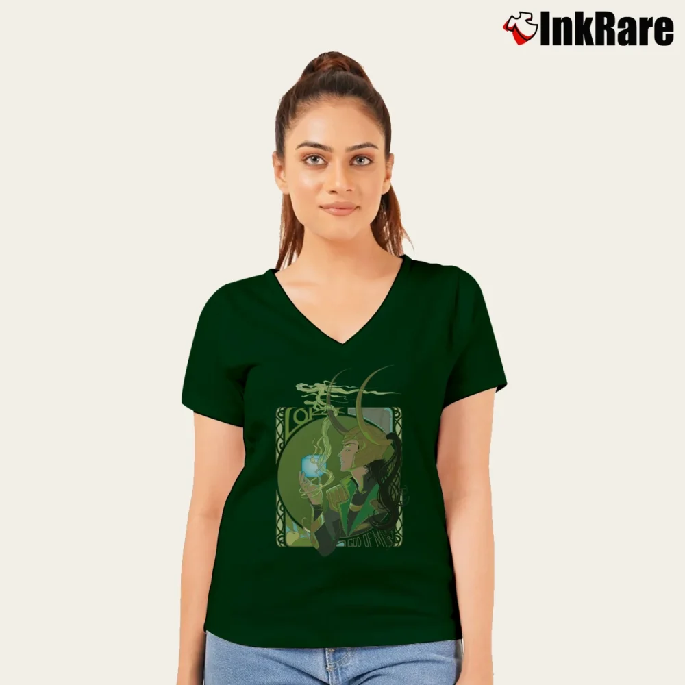 Women’s Marvel Loki Kawaii God Of Mischief V-Neck Tee in forest green | Chic Neckline, Soft Texture