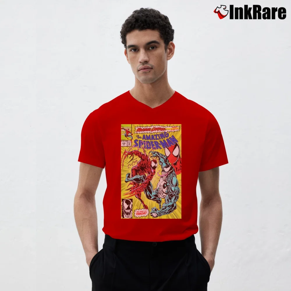 Men’s Marvel Spider Man Venom Maximum Carnage Cover V-Neck Tee in red | Sharp, Breathable, Everyday Staple