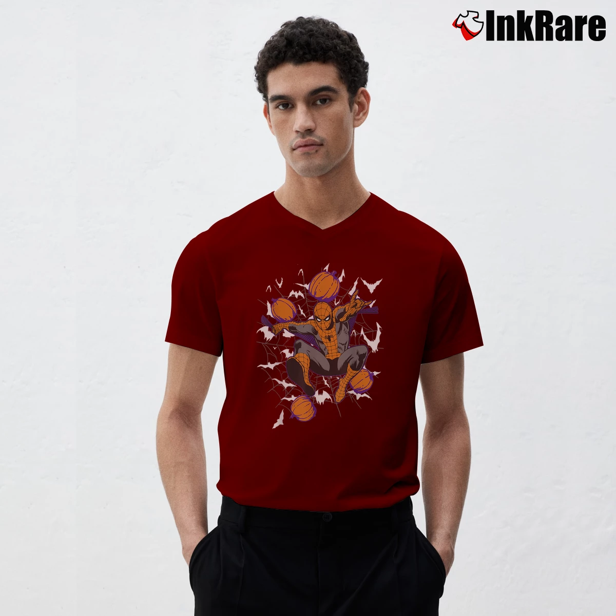 Men’s Marvel Spider Man Web Pumpkins Halloween V-Neck Tee in maroon | Sharp, Breathable, Everyday Staple
