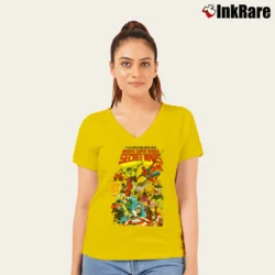 Women’s Marvel Superheroes Secret Wars Graphic V-Neck Tee in yellow | Chic Neckline, Soft Texture