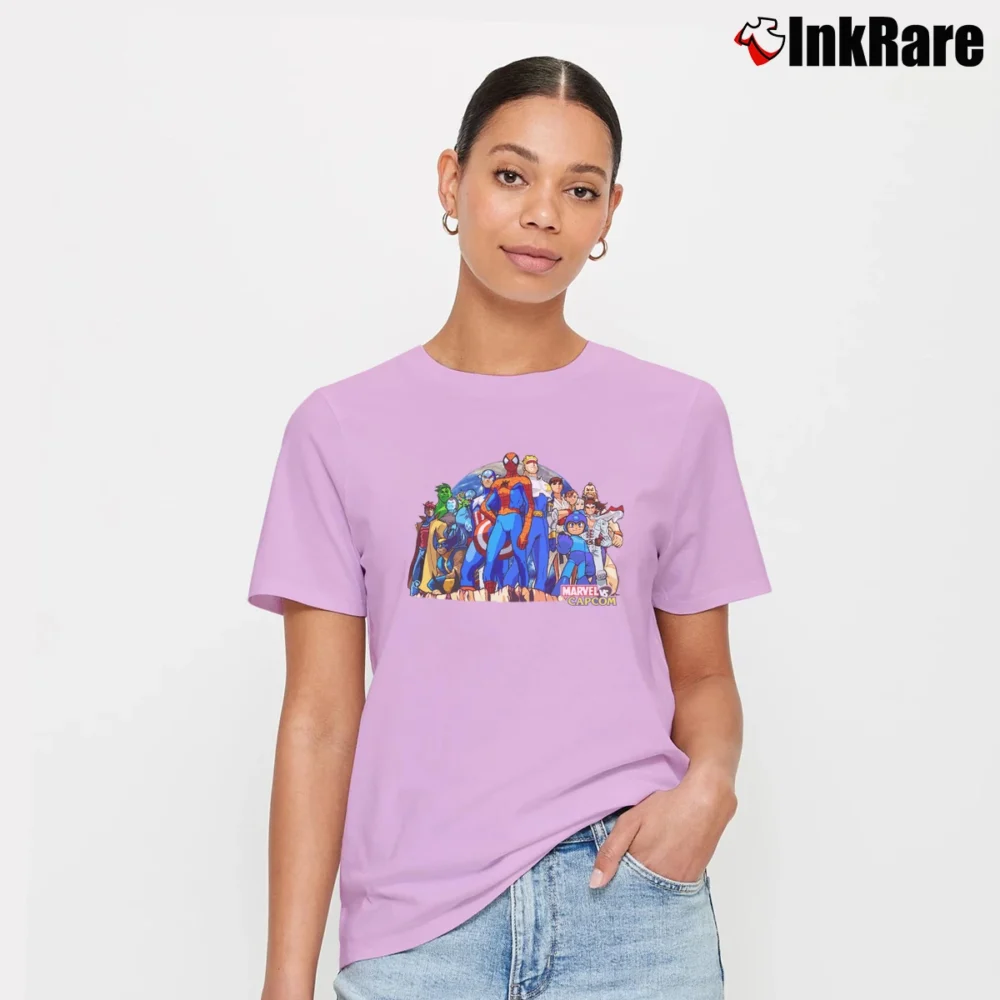 Women’s Marvel Vs Capcom Crossover Gaming Signature T-Shirt in light pink | Soft, Flattering Fit