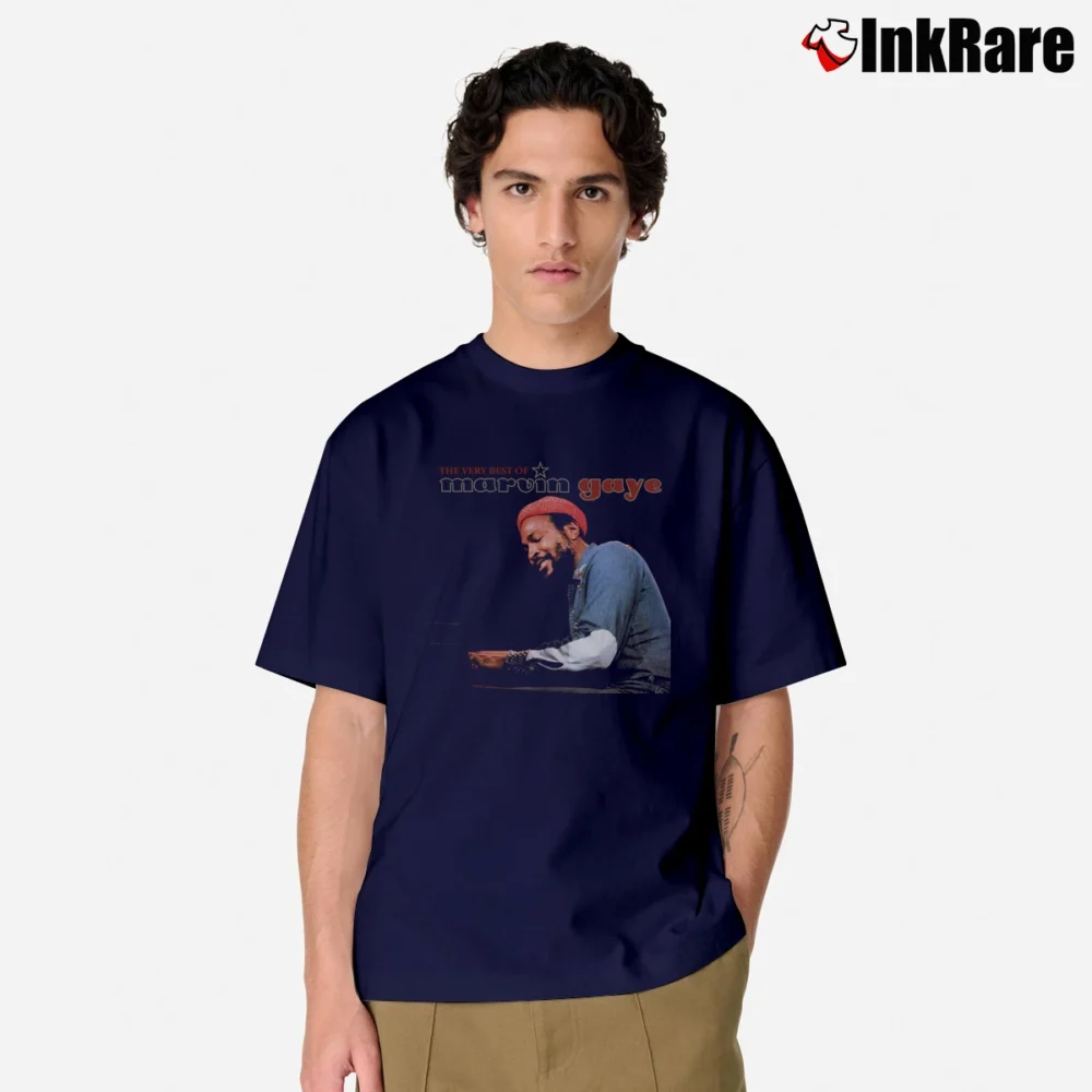 Men’s Marvin Gaye Very Best Of Handmade Music Classic T-Shirt in navy | Soft, Breathable Everyday Wear