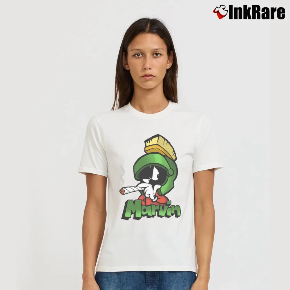 Women’s Marvin The Martian Angry Smoking Cartoon Signature T-Shirt in white | Soft, Flattering Fit