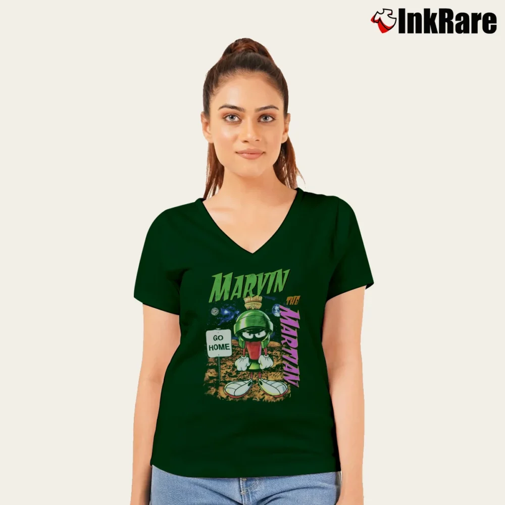 Women’s Marvin The Martian Go Home Looney Tunes V-Neck Tee in forest green | Chic Neckline, Soft Texture