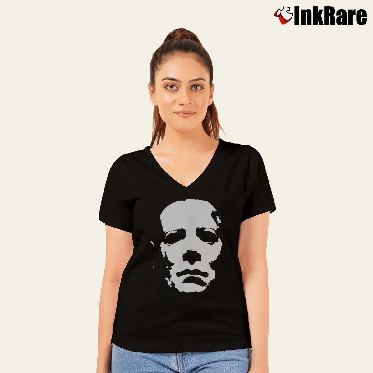 Women’s Mask Killer Classic Horror Movie Halloween V-Neck Tee in black | Chic Neckline, Soft Texture