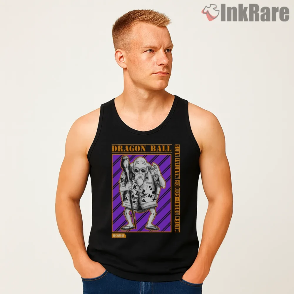 Master Roshi Vintage Martial Arts Poster Shirt on black tank top for men graphic tee