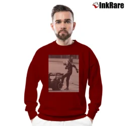 Men’s Max Verstappen Kicking the Tire Crewneck Sweatshirt in maroon | Cozy Fabric, Clean Style