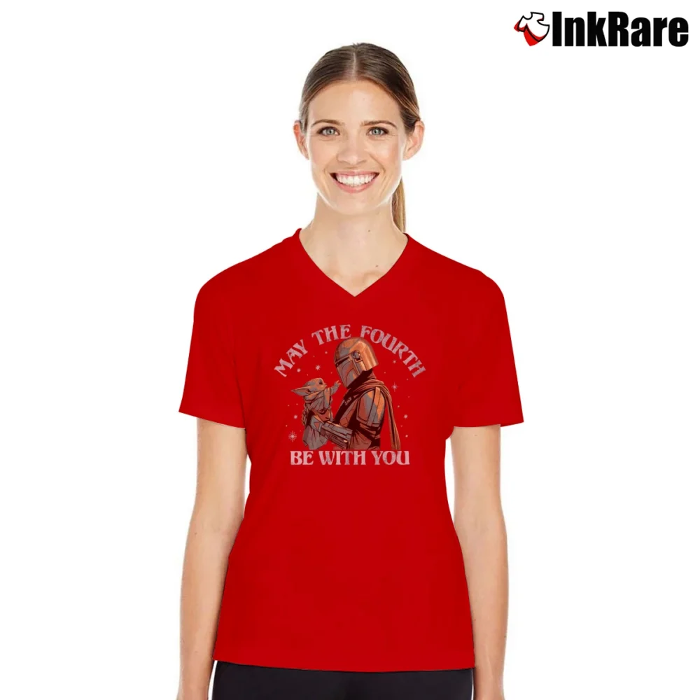 Women’s May The Fourth Be With You Dadalorian Baby Yoda V-Neck Tee in red | Chic Neckline, Soft Texture