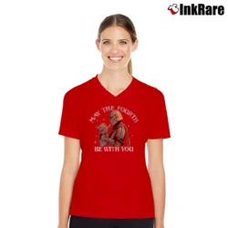 Women’s May The Fourth Be With You Dadalorian Baby Yoda V-Neck Tee in red | Chic Neckline, Soft Texture
