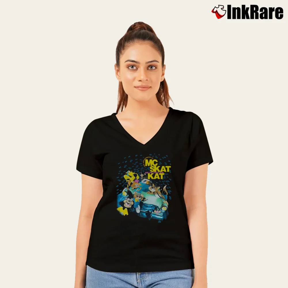 Women’s MC Skat Kat and the Stray Mob Opposites Attract Cartoon Car Graphic V-Neck Tee in black | Chic Neckline, Soft Texture