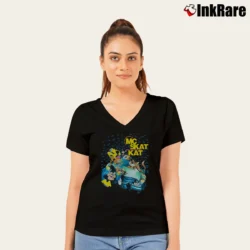Women’s MC Skat Kat and the Stray Mob Opposites Attract Cartoon Car Graphic V-Neck Tee in black | Chic Neckline, Soft Texture