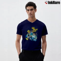Men’s MC Skat Kat and the Stray Mob Opposites Attract Cartoon Car Graphic V-Neck Tee in navy | Sharp, Breathable, Everyday Staple