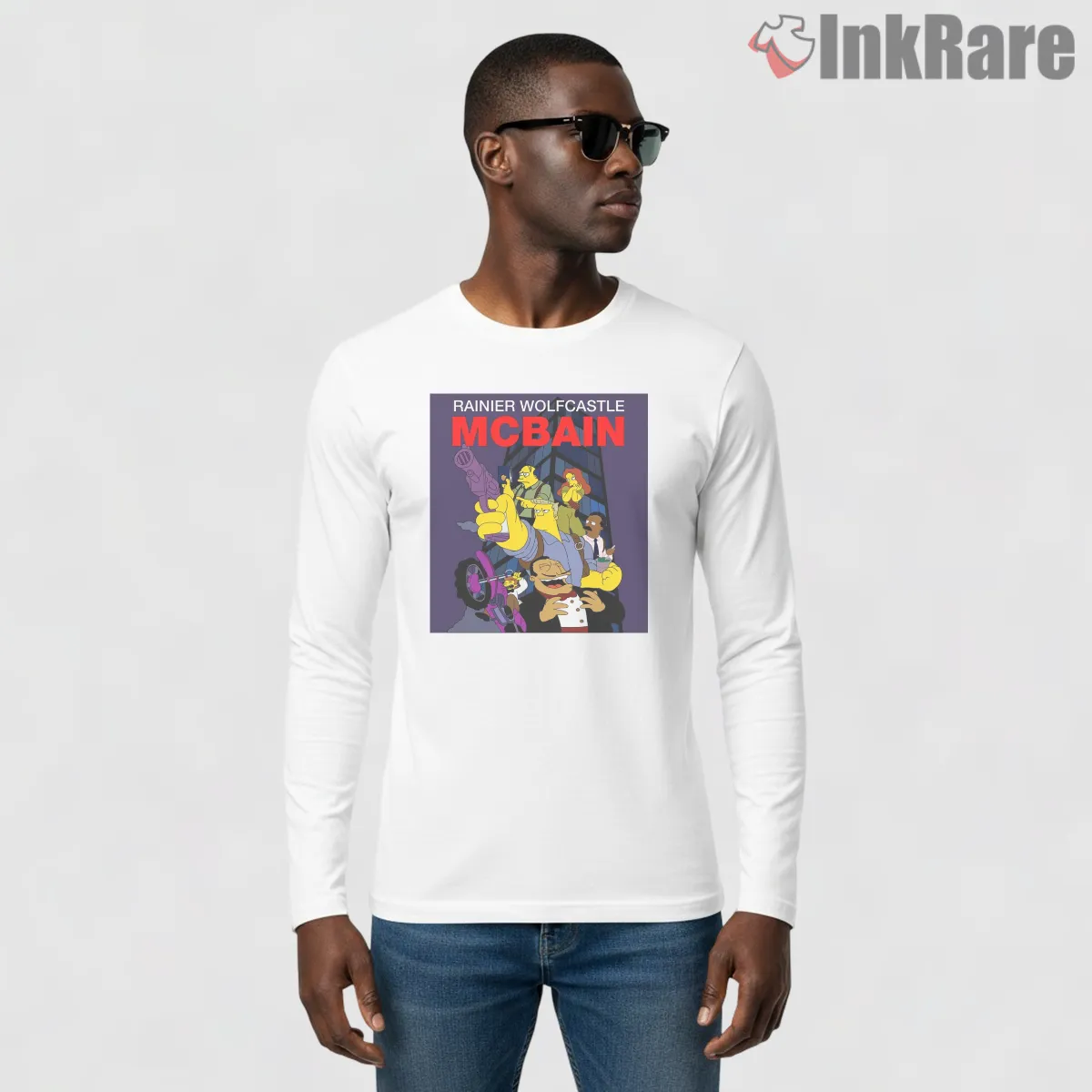 Mcbain Action Chaos Poster Simpsons Movie Parody Long Sleeve White Mcbain Action Chaos Poster Simpsons Movie Parody Shirt on white long sleeve shirt for men graphic tee
