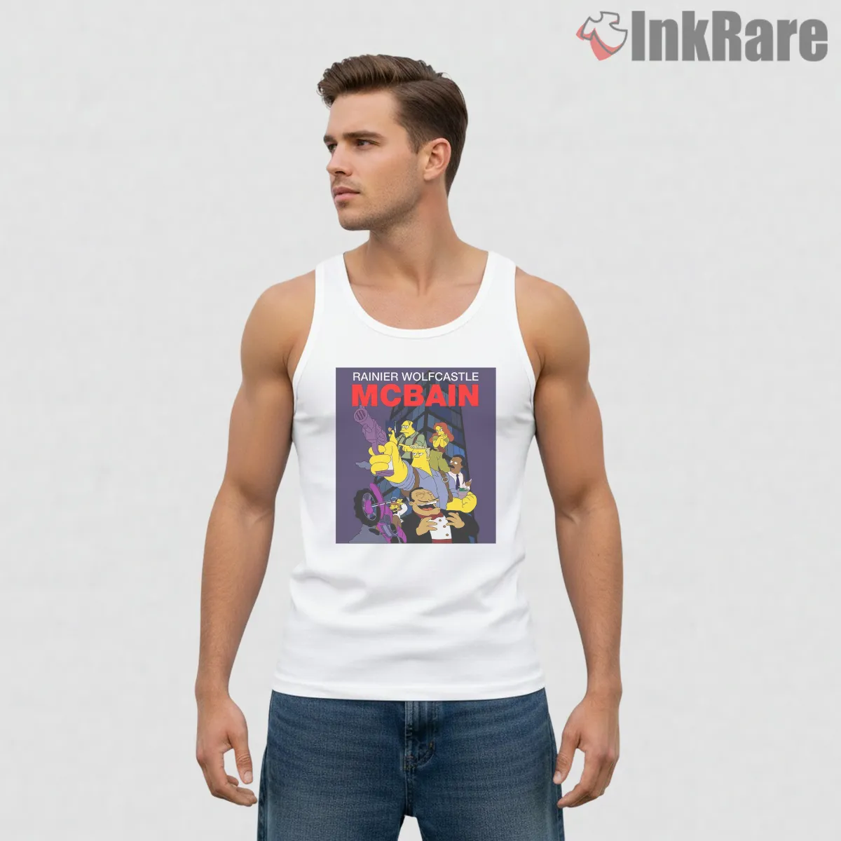 Mcbain Action Chaos Poster Simpsons Movie Parody Shirt on white tank top for men graphic tee