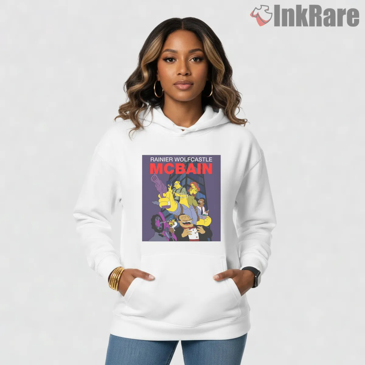 Mcbain Action Chaos Poster Simpsons Movie Parody Hoodie White Mcbain Action Chaos Poster Simpsons Movie Parody Shirt on white hoodie for women graphic tee