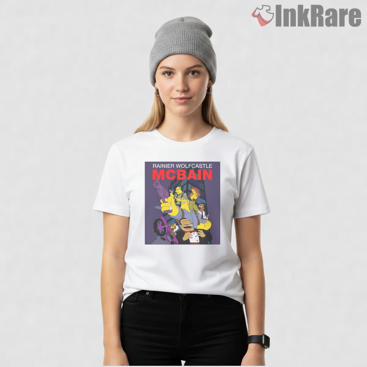 Mcbain Action Chaos Poster Simpsons Movie Parody Short Sleeve White Mcbain Action Chaos Poster Simpsons Movie Parody Shirt on white short sleeve shirt for women graphic tee