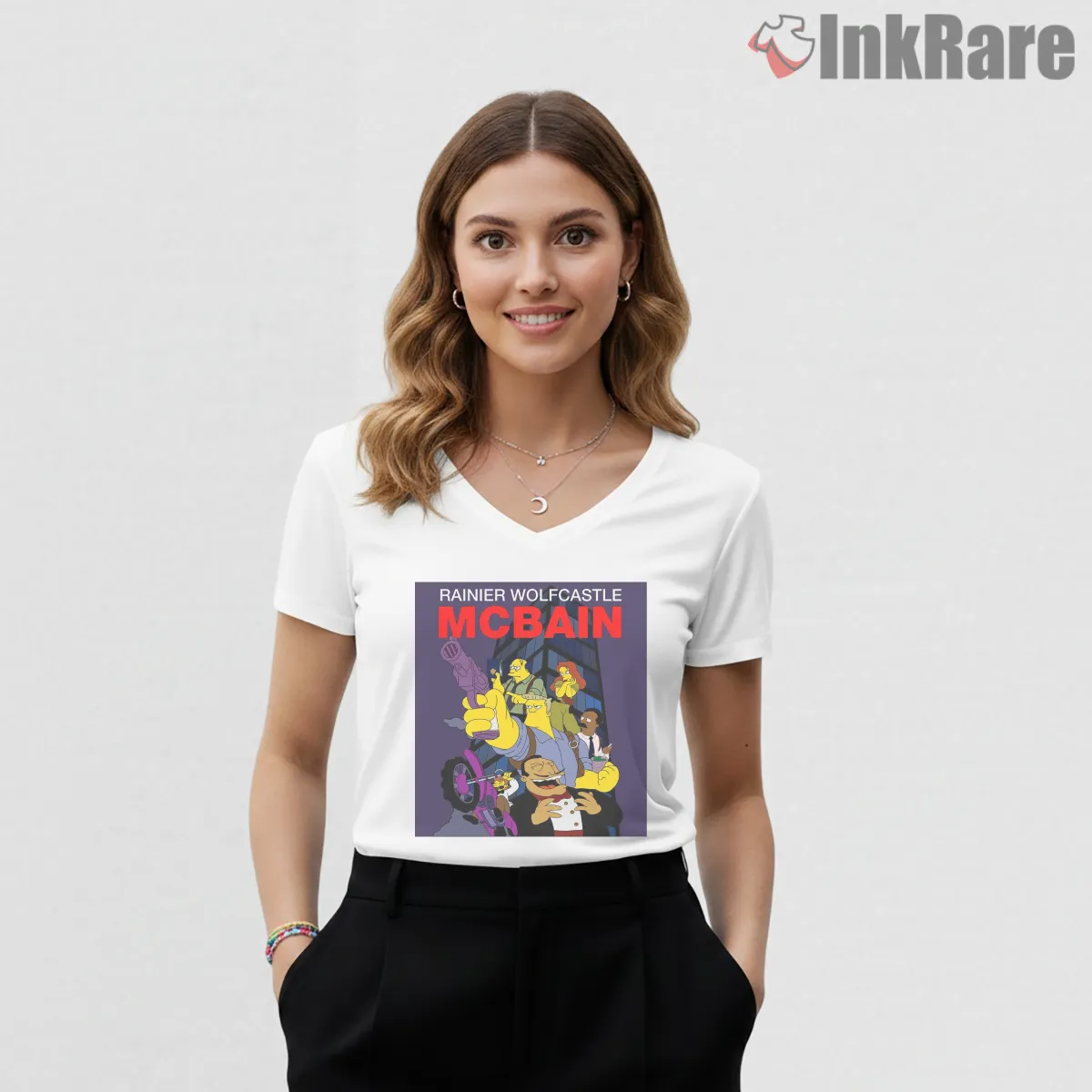 Mcbain Action Chaos Poster Simpsons Movie Parody V Neck White Mcbain Action Chaos Poster Simpsons Movie Parody Shirt on white v-neck shirt for women graphic tee