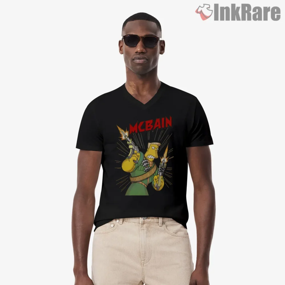 Mcbain Action Hero Dual Guns Explosion Cartoon Shirt on black v-neck shirt for men graphic tee