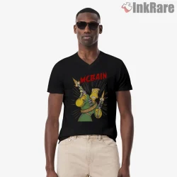 Mcbain Action Hero Dual Guns Explosion Cartoon Shirt on black v-neck shirt for men graphic tee