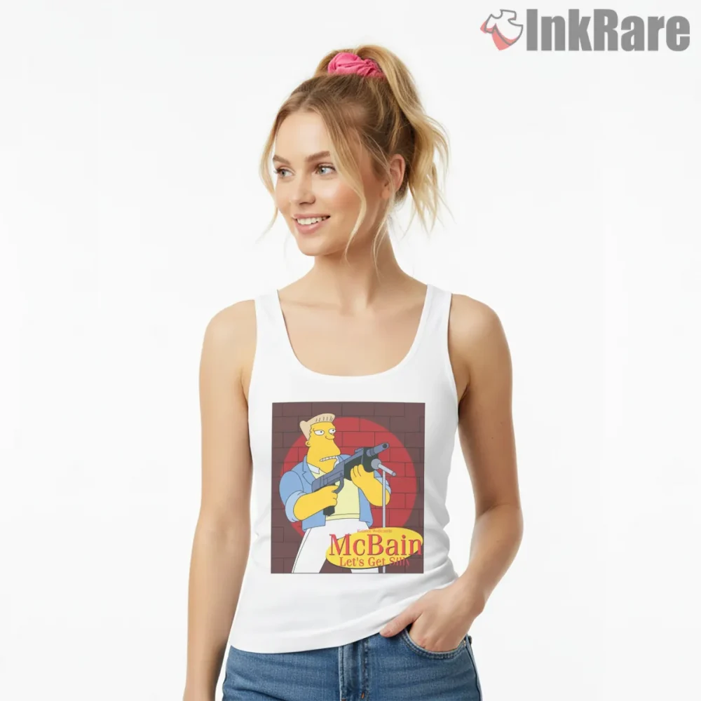 Mcbain Action Hero Movie Poster Parody Simpsons Shirt on white tank top for women graphic tee