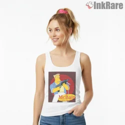 Mcbain Action Hero Movie Poster Parody Simpsons Shirt on white tank top for women graphic tee