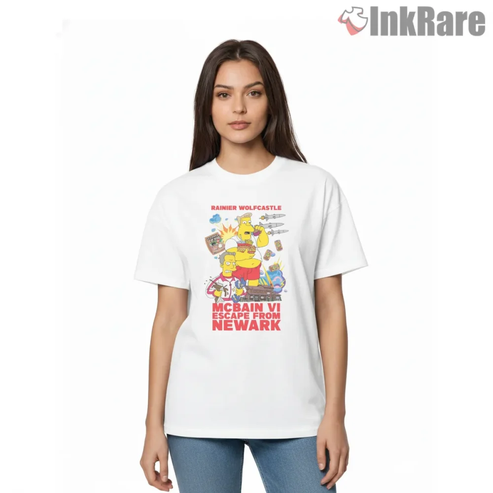 Mcbain Escape From Newark Action Movie Parody Shirt on white short sleeve shirt for women graphic tee