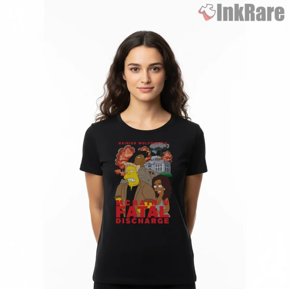 Mcbain Fatal Discharge Action Movie Poster Parody Shirt on black short sleeve shirt for women graphic tee