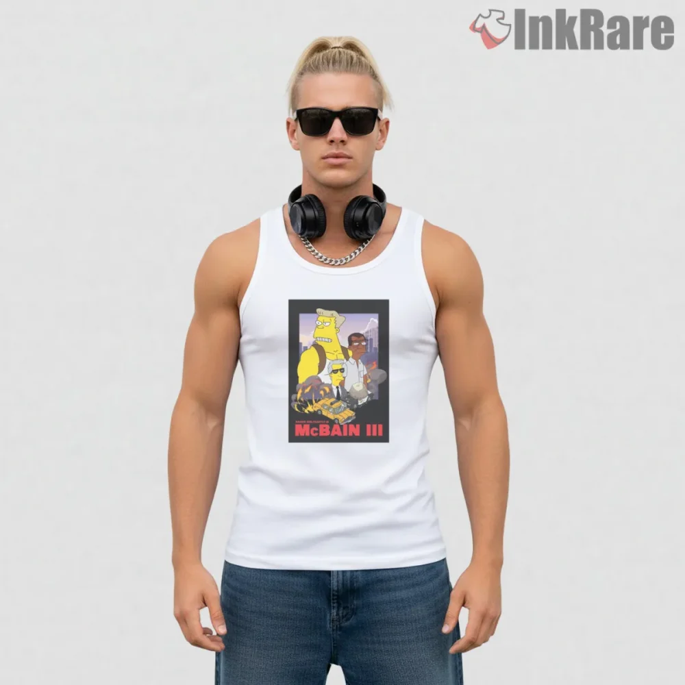 Mcbain Iii Action Movie Poster Simpsons Parody Shirt on white tank top for men graphic tee