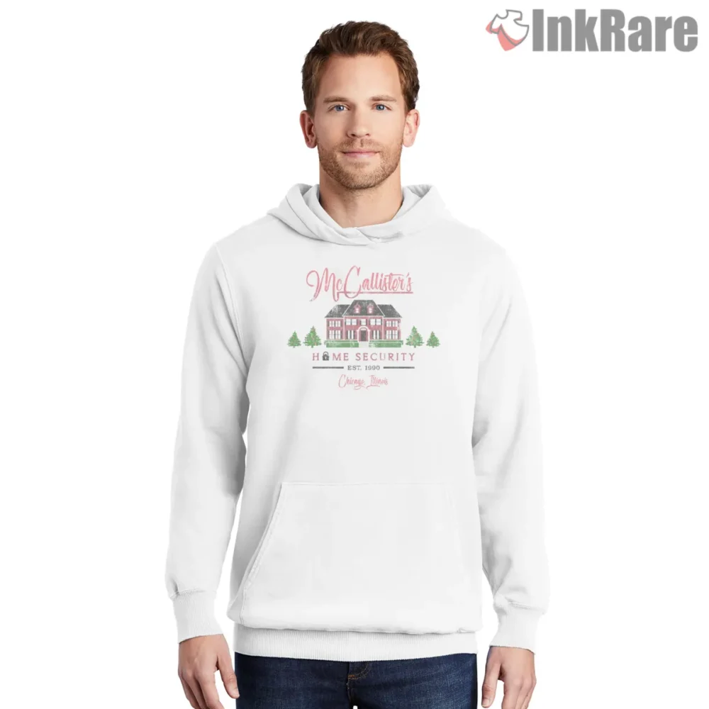 Mccallisters Home Security Chicago Logo Shirt on white hoodie for men graphic tee