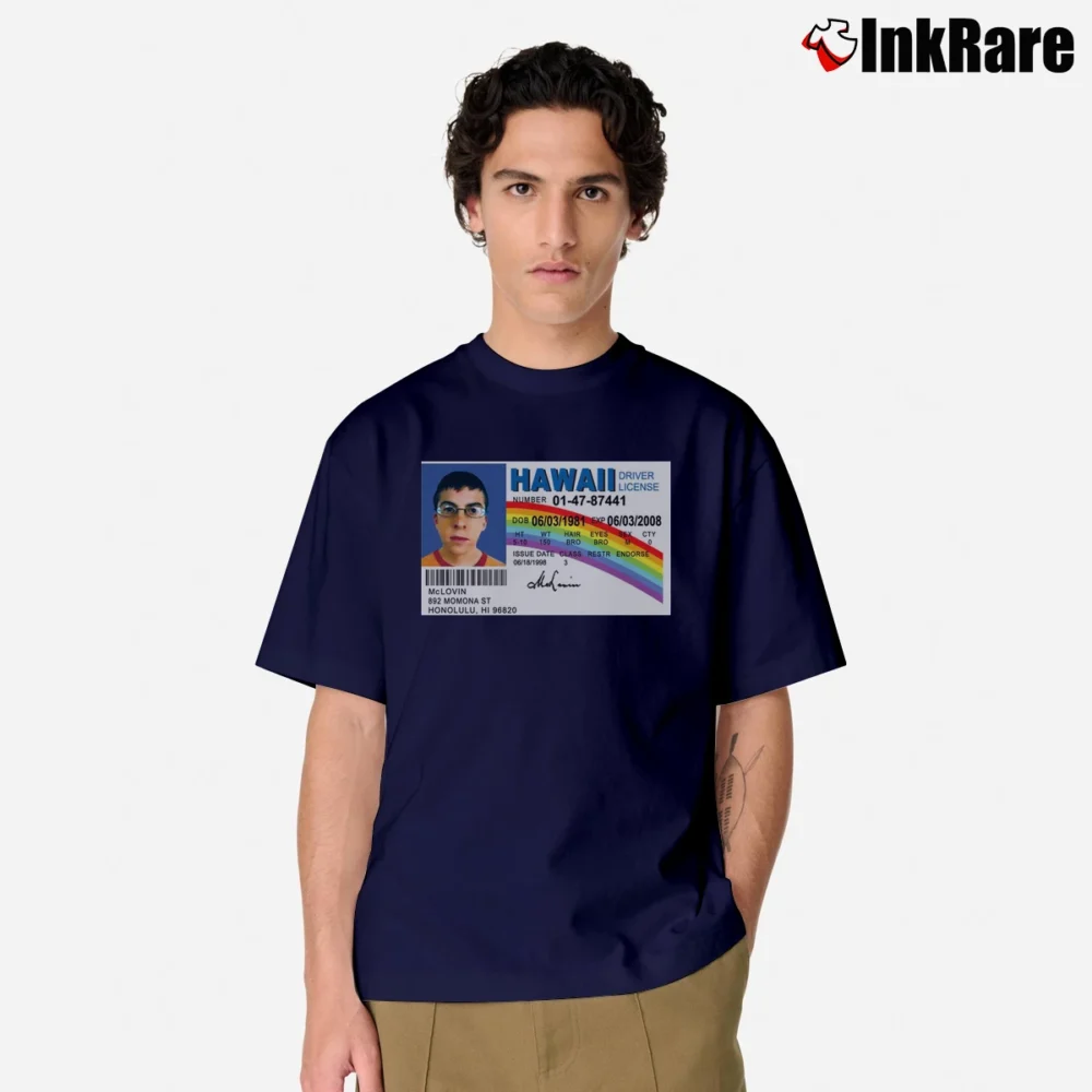 Men’s Mclovin Driver License Superbad Meme Classic T-Shirt in navy | Soft, Breathable Everyday Wear