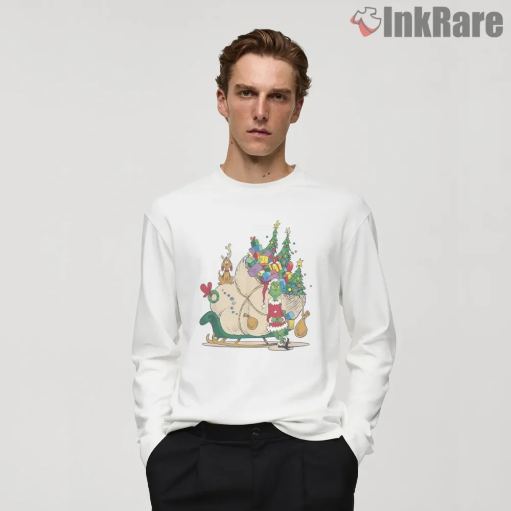 Mean Green One Stole Christmas Sleigh Dog Shirt on white long sleeve shirt for men graphic tee