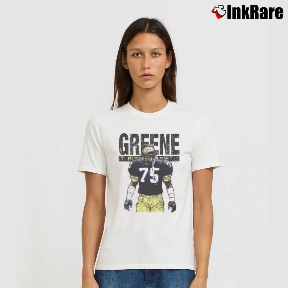 Women’s Mean Joe Greene Pittsburgh Football Sketch Signature T-Shirt in white | Soft, Flattering Fit