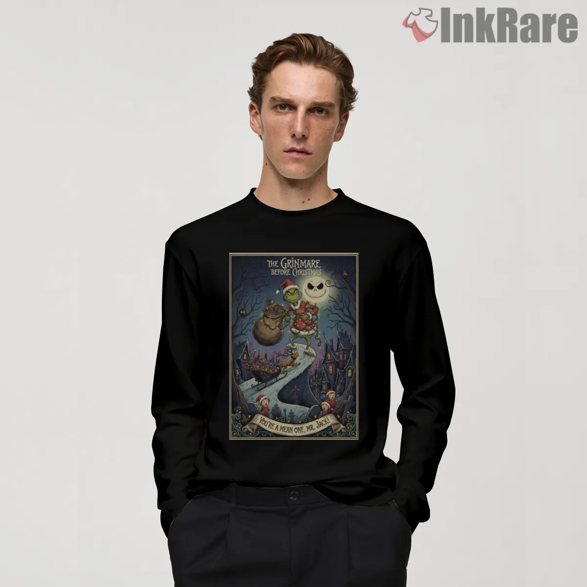 Mean One Spooky Graveyard Holiday Crossover Long Sleeve Black Mean One Spooky Graveyard Holiday Crossover Shirt on black long sleeve shirt for men graphic tee