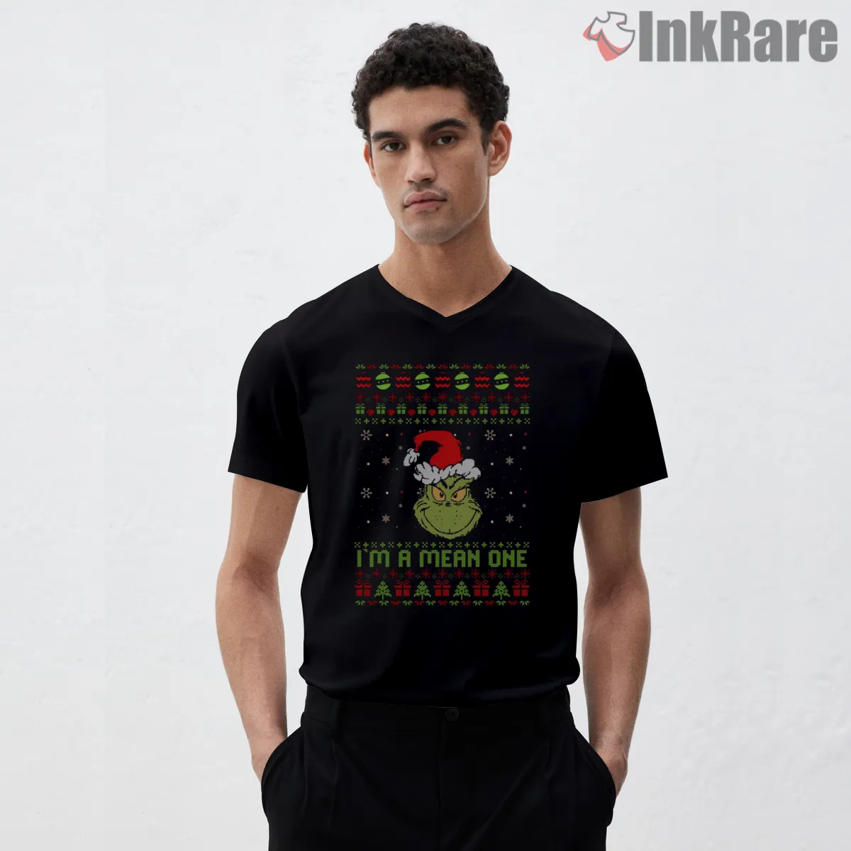 Mean One Ugly Sweater Grinch Xmas V Neck Black Mean One Ugly Sweater Grinch Xmas Shirt on black v-neck shirt for men graphic tee