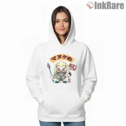 Mediocre War Boy Chibi Anime Mashup Shirt on white hoodie for women graphic tee