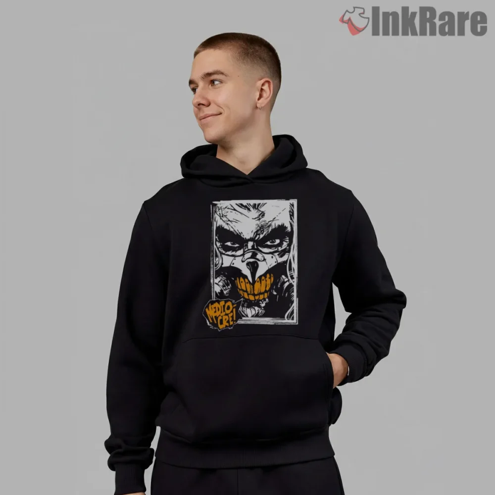 Mediocre War Boy Mask Comic Style Orange Graphic Shirt on black hoodie for men graphic tee