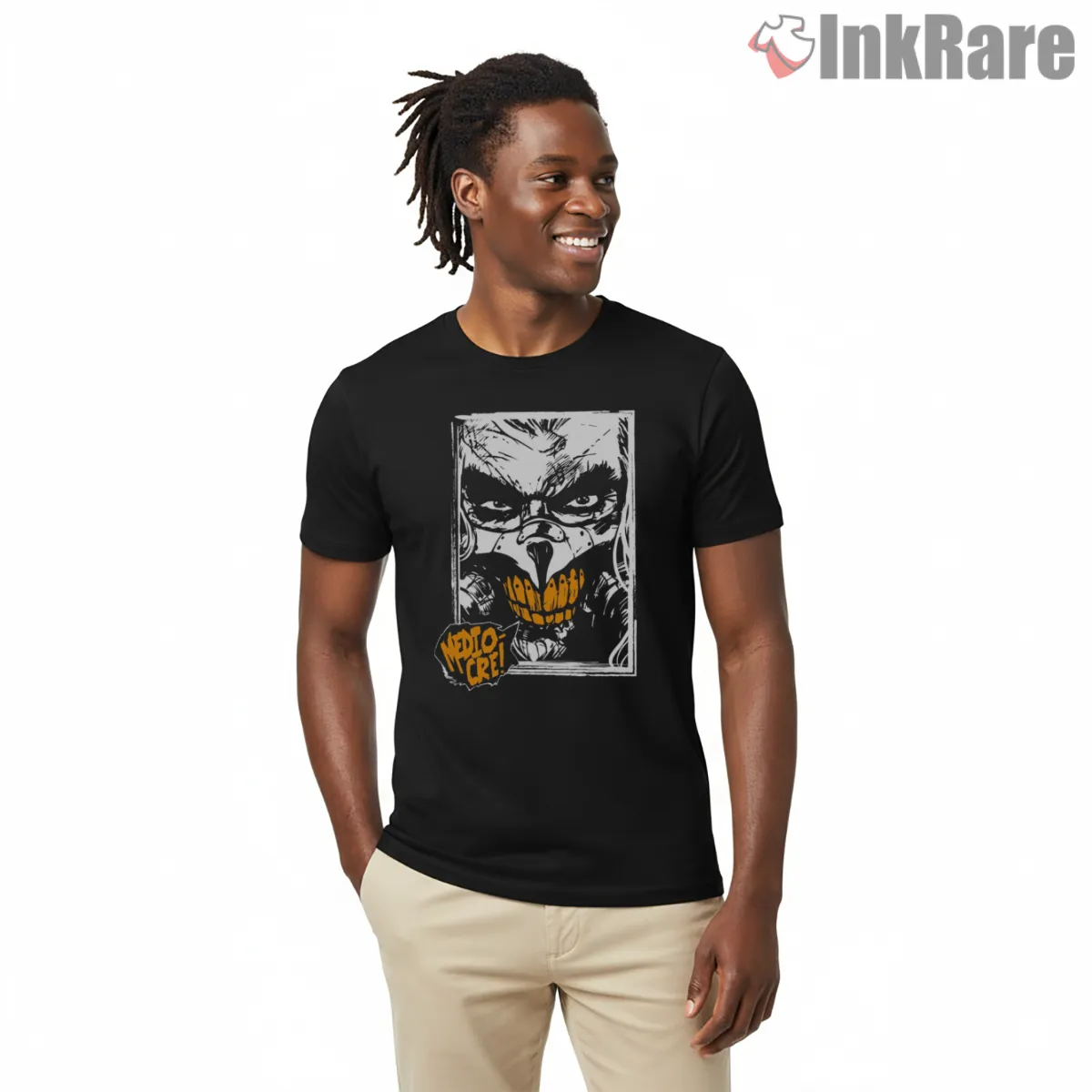 Mediocre War Boy Mask Comic Style Orange Graphic Shirt on black short sleeve shirt for men graphic tee
