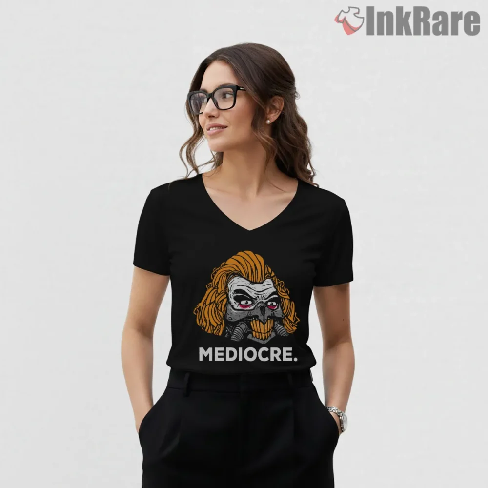 Mediocre War Boys Mask Minimal Mad Max Shirt on black v-neck shirt for women graphic tee