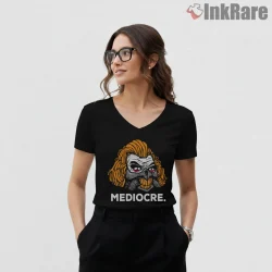 Mediocre War Boys Mask Minimal Mad Max Shirt on black v-neck shirt for women graphic tee