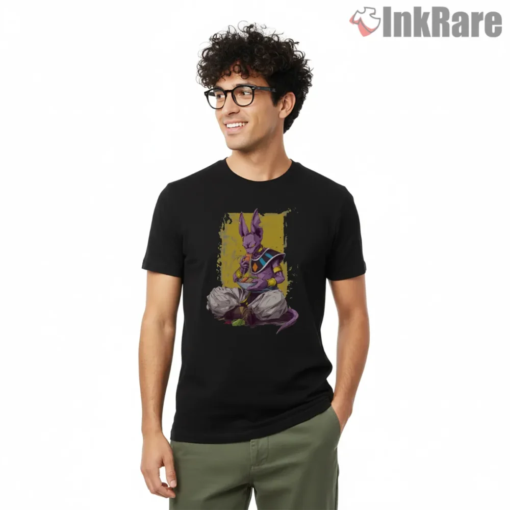 Meditating Beerus Vintage Grunge Shirt on black short sleeve shirt for men graphic tee