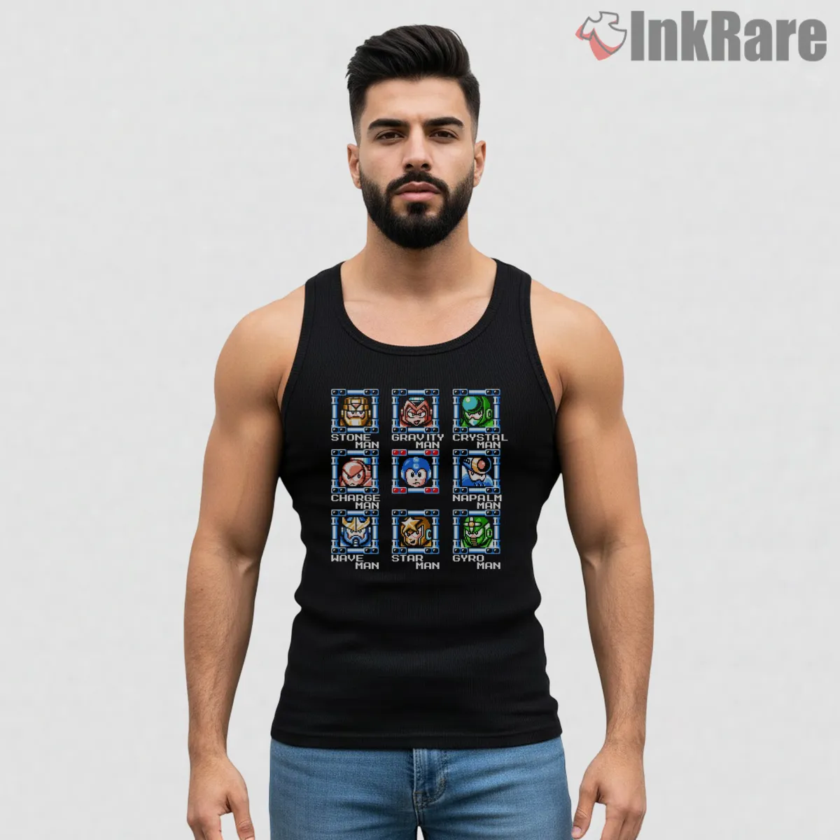 Mega Man 5 Stage Select Classic Grid Tank Top Black Mega Man 5 Stage Select Classic Grid Shirt on black tank top for men graphic tee