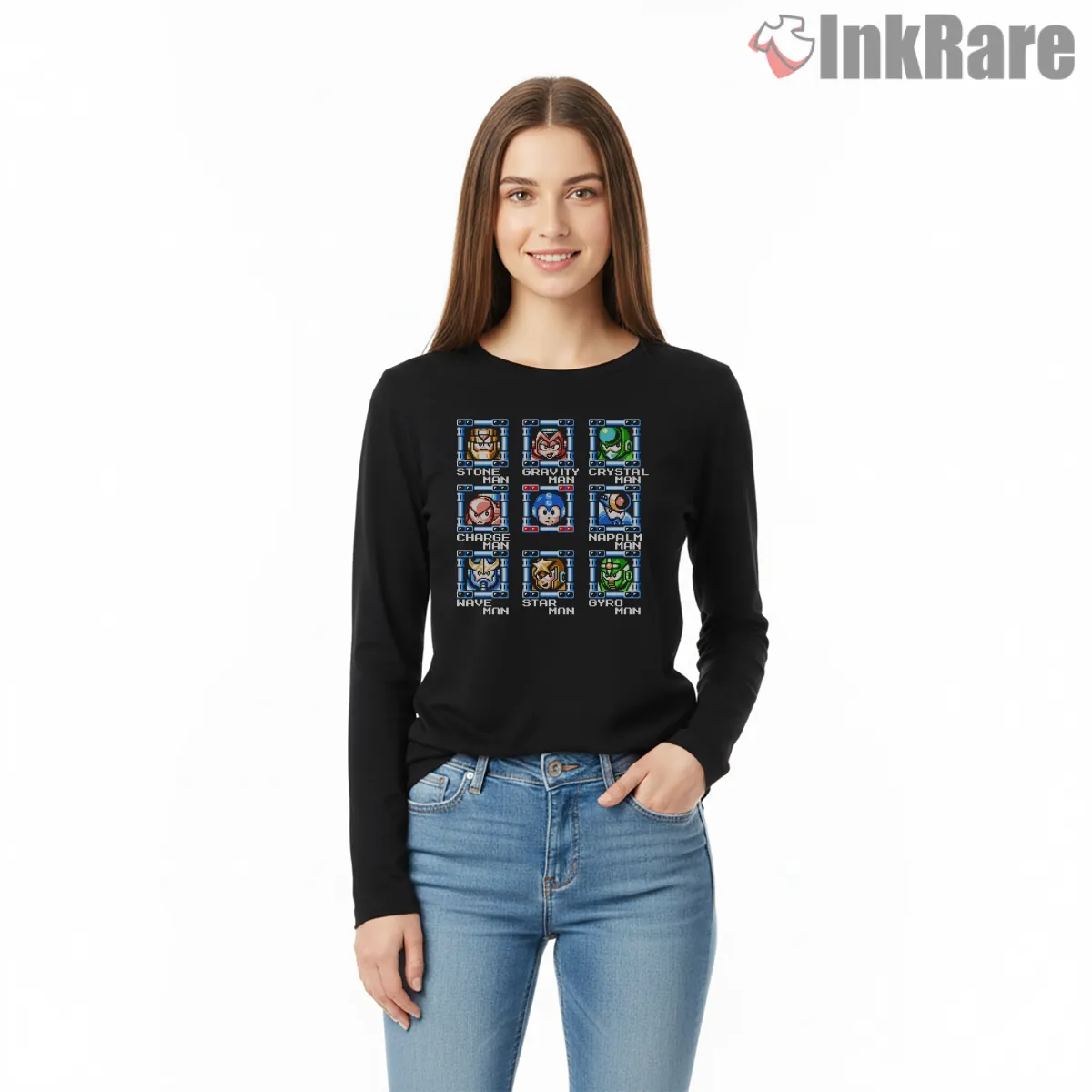 Mega Man 5 Stage Select Classic Grid Long Sleeve Black Mega Man 5 Stage Select Classic Grid Shirt on black long sleeve shirt for women graphic tee