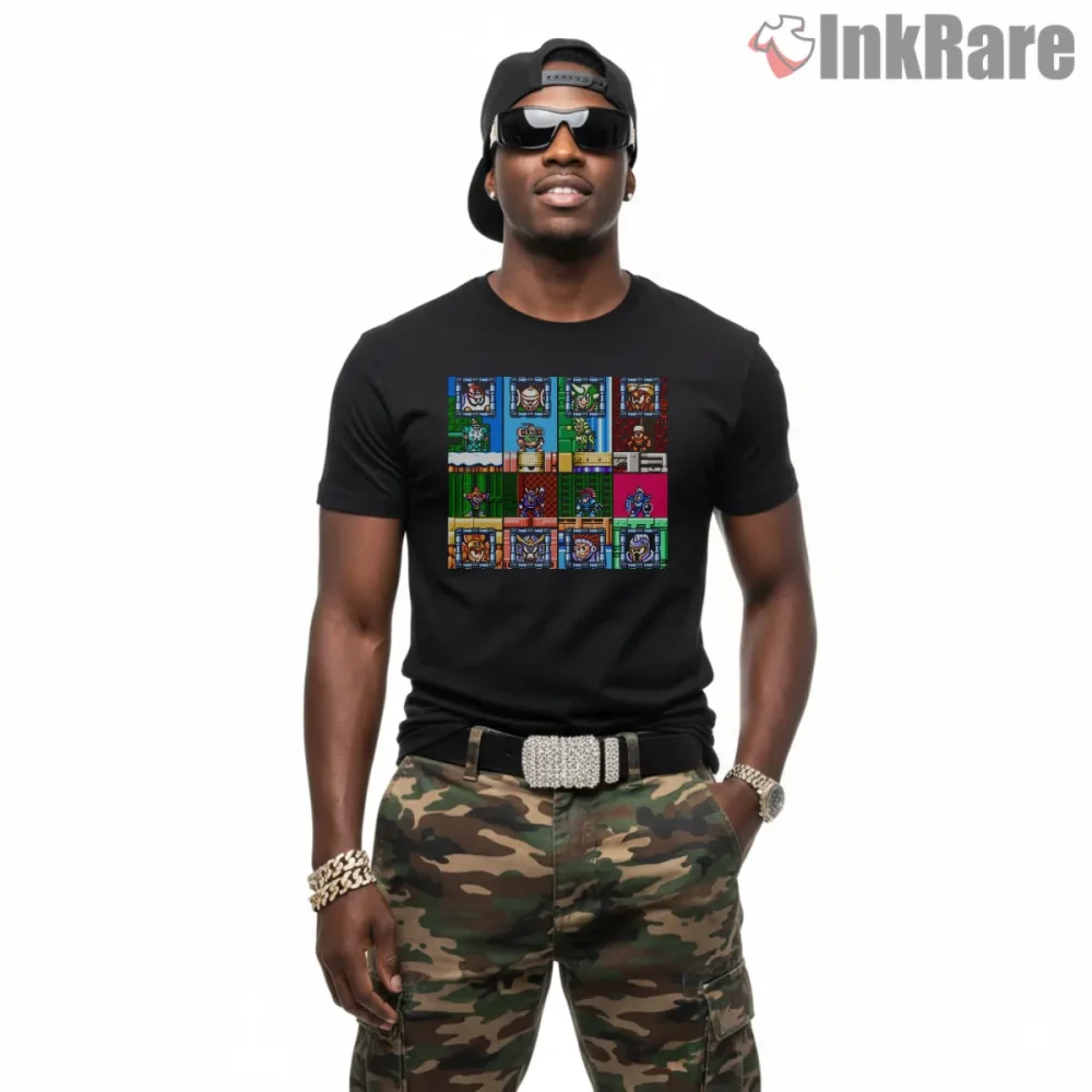 Mega Man 6 Boss Stage Pixel Scene Collage Shirt on black short sleeve shirt for men graphic tee