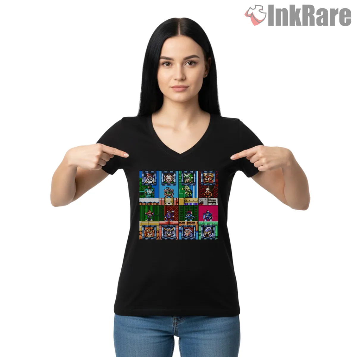 Mega Man 6 Boss Stage Pixel Scene Collage V Neck Black Mega Man 6 Boss Stage Pixel Scene Collage Shirt on black v-neck shirt for women graphic tee
